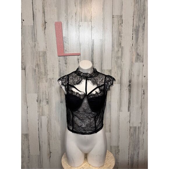 Dazy Black Lace Sheer Crop Top High Neck Size L - Picture 1 of 8